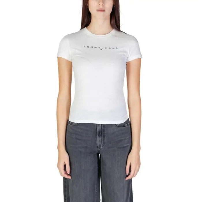 White cotton Tommy Hilfiger women’s t-shirt featuring minimal text design on chest