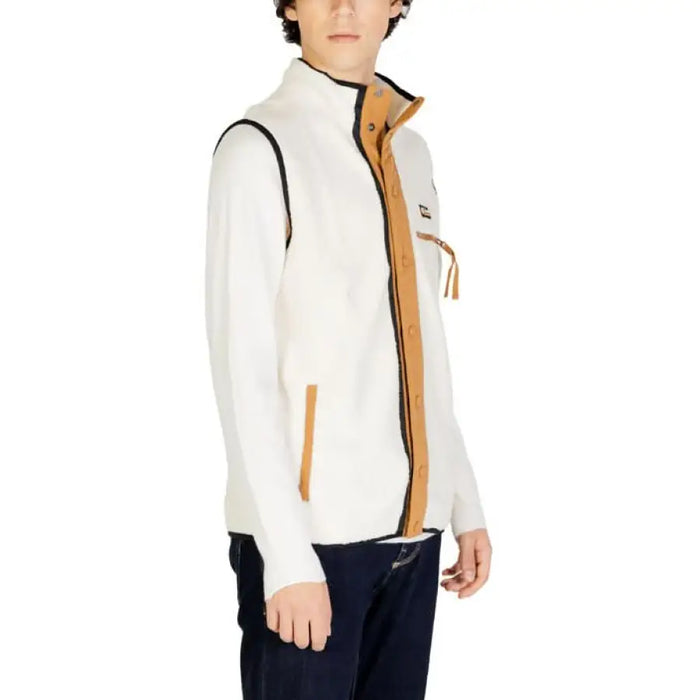 White fleece jacket with tan trim and black piping details from Columbia Men Jacket