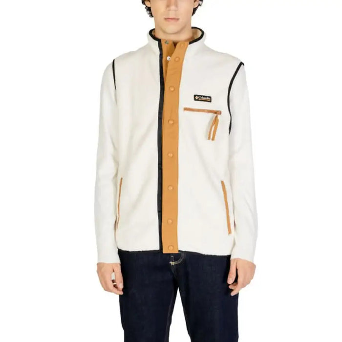 White fleece vest with tan accents and black piping from Columbia Men Jacket