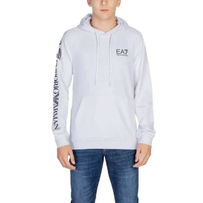 White hooded sweatshirt featuring EA7 logo and text on the sleeve for men