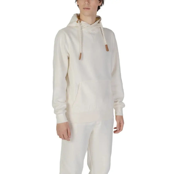 White hooded sweatshirt with drawstrings and leather detail from Hydra Clothing