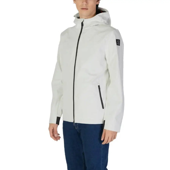 White hooded zip-up jacket with black trim and side pockets from Suns Men’s collection