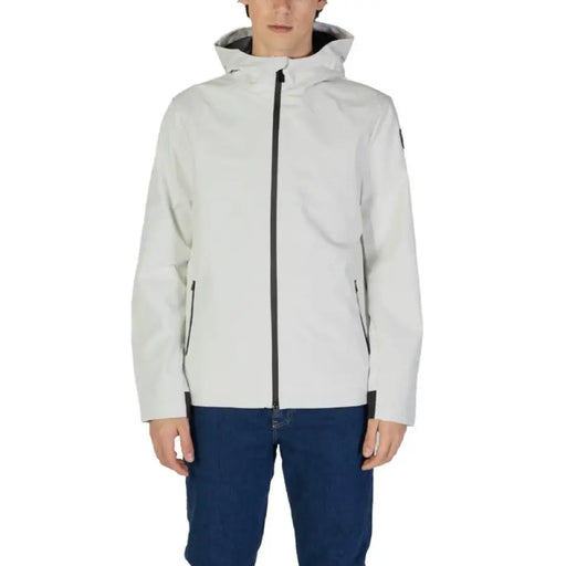 White hooded zip-up jacket with black trim and side pockets from Suns for men