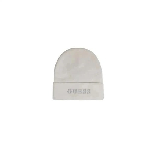 White knit beanie hat with GUESS logo, featured in Guess Women Cap collection