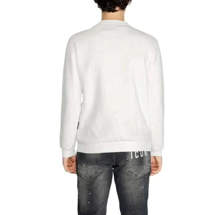 Back view of a white knit pullover from Icon Men Sweatshirts collection