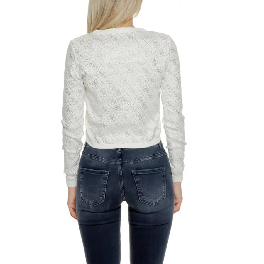 Guess - White lace-patterned sweater with dark jeans, back view in Guess Women Knitwear
