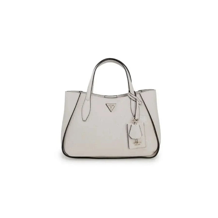 White leather handbag with silver hardware and triangular logo by Guess Women Bag