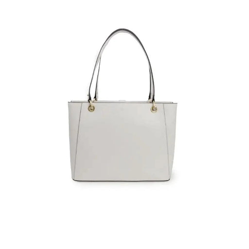 White leather tote bag with double handles and gold-toned hardware by Guess