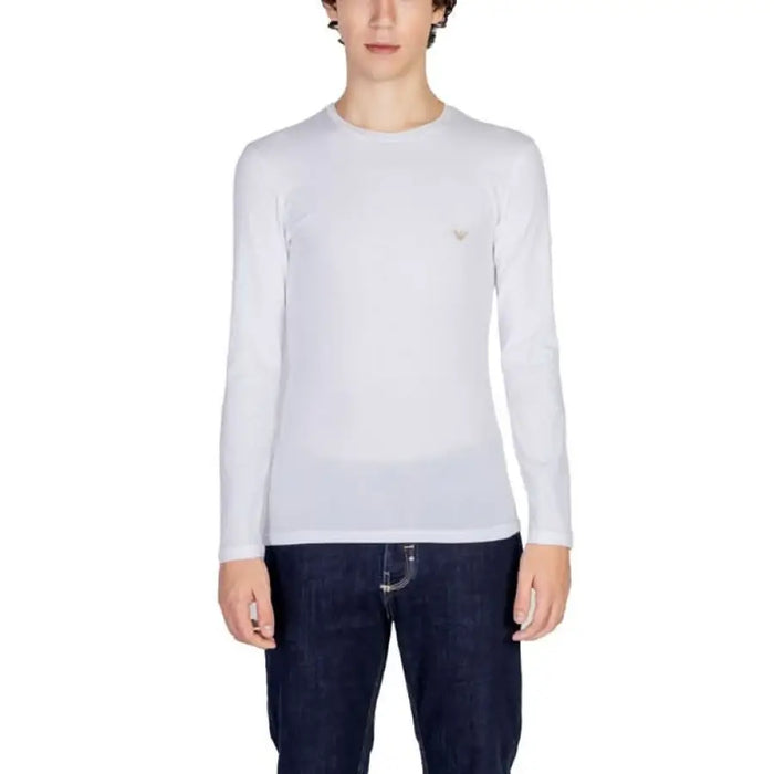 White long-sleeve crew neck t-shirt paired with dark jeans from Emporio Armani Underwear