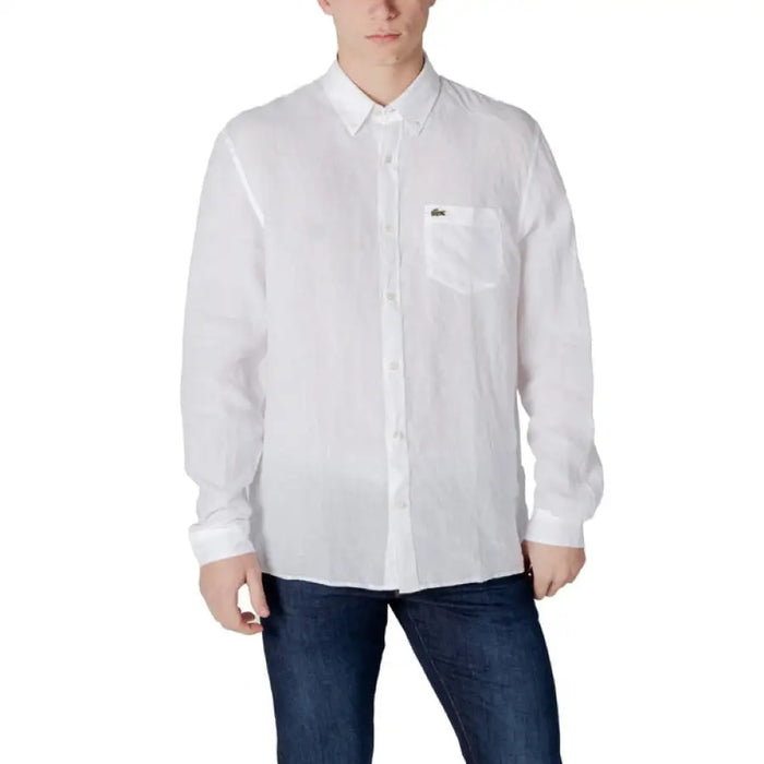 Lacoste Men’s White Linen Shirt featuring a long-sleeved button-down design