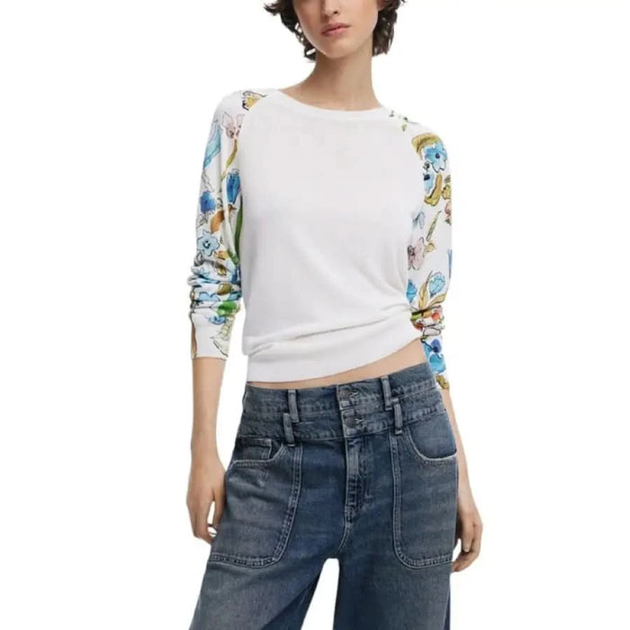 White long-sleeved Desigual sweater with floral sleeves for women in Spring/Summer