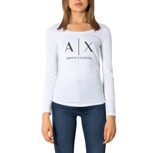 White long-sleeved shirt featuring A|X Armani Exchange logo for women