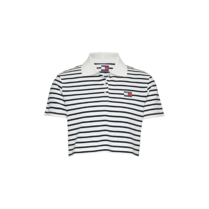 White and navy striped cropped polo shirt featuring a small logo by Tommy Hilfiger