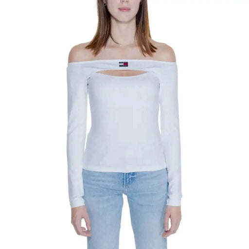 Tommy Hilfiger Women White Off-Shoulder Long-Sleeved Top with Cutout Detail and Logo