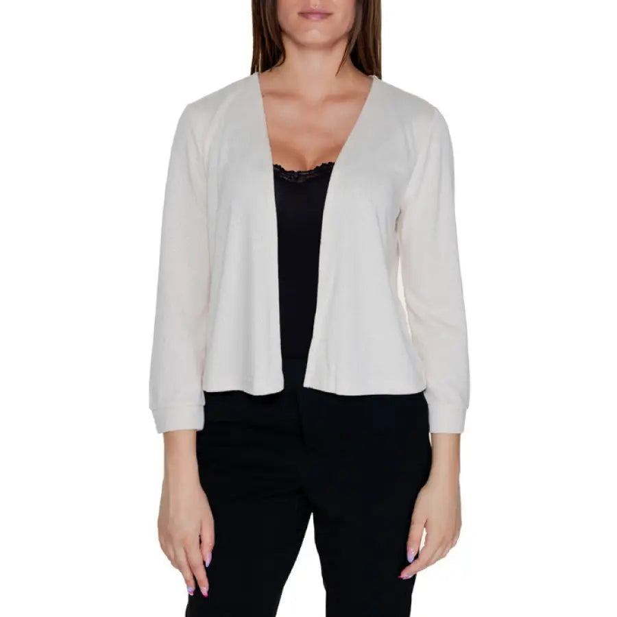 Street One women’s white open-front cardigan with three-quarter sleeves over black top