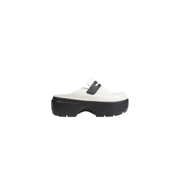 White platform loafer mule from Crocs Women Slippers in synthetic slip-on design