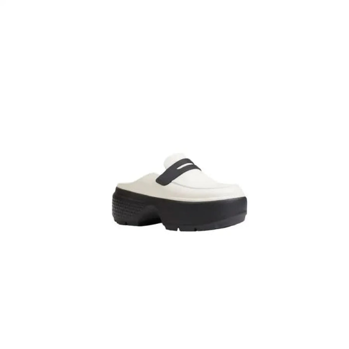 White platform loafer mule from Crocs Women Slippers in synthetic slip-on design