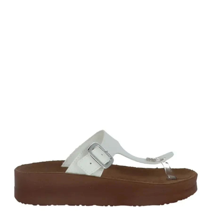 Carrera Women Slippers - White platform sandal with brown sole and buckle strap