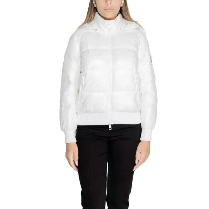 White puffer jacket with high collar and front zipper from Armani Exchange Women Jacket