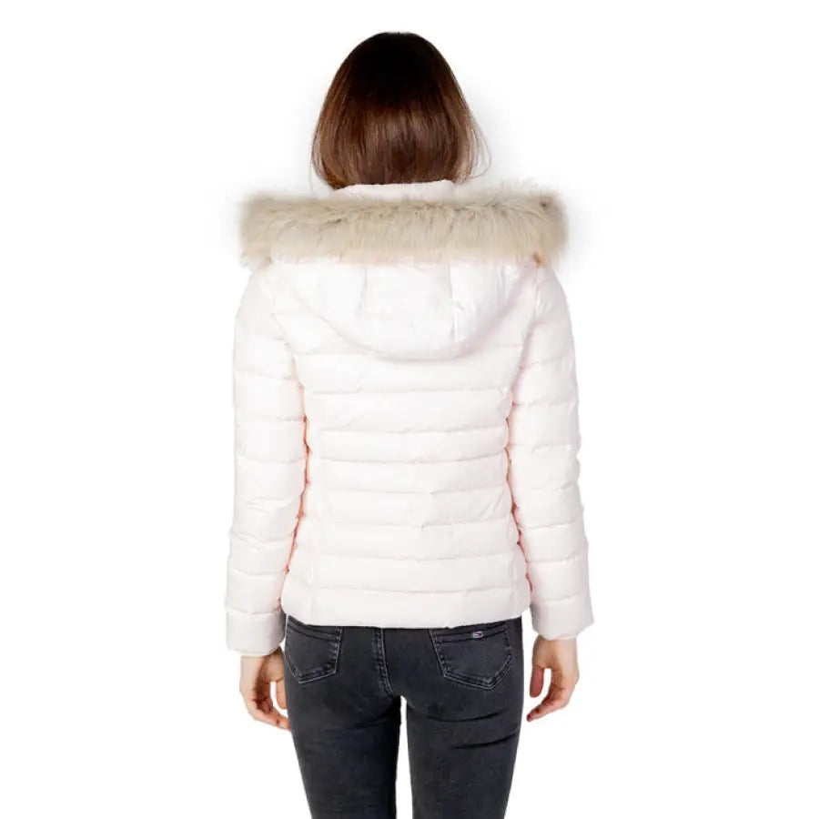 White puffer jacket with fur-trimmed hood - Tommy Hilfiger Jeans Women Jacket, back view