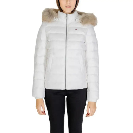 White puffer jacket with fur-trimmed hood by Tommy Hilfiger Jeans for women