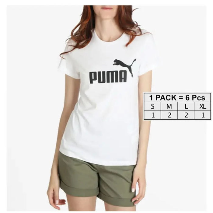 White Puma logo t-shirt on woman with olive green shorts - Puma Women T-Shirt