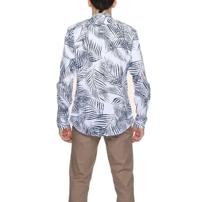 White shirt with blue palm leaf print pattern by Antony Morato for men