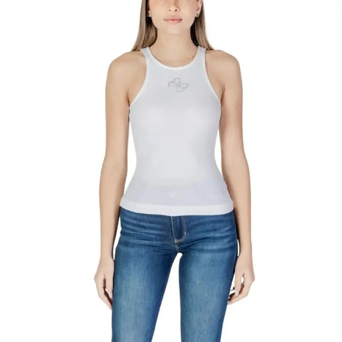 White sleeveless ribbed tank top with racerback design from Guess Women’s Blue Sleeveless Top