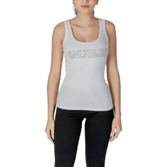 White sleeveless Guess cotton top featuring logo print across the chest