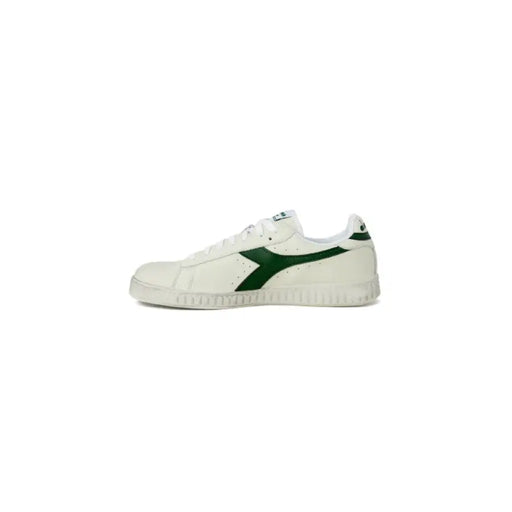 White Diadora Men Sneakers featuring a green diagonal stripe on the side