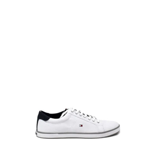 White Tommy Hilfiger men sneakers with navy blue heel accent and logo