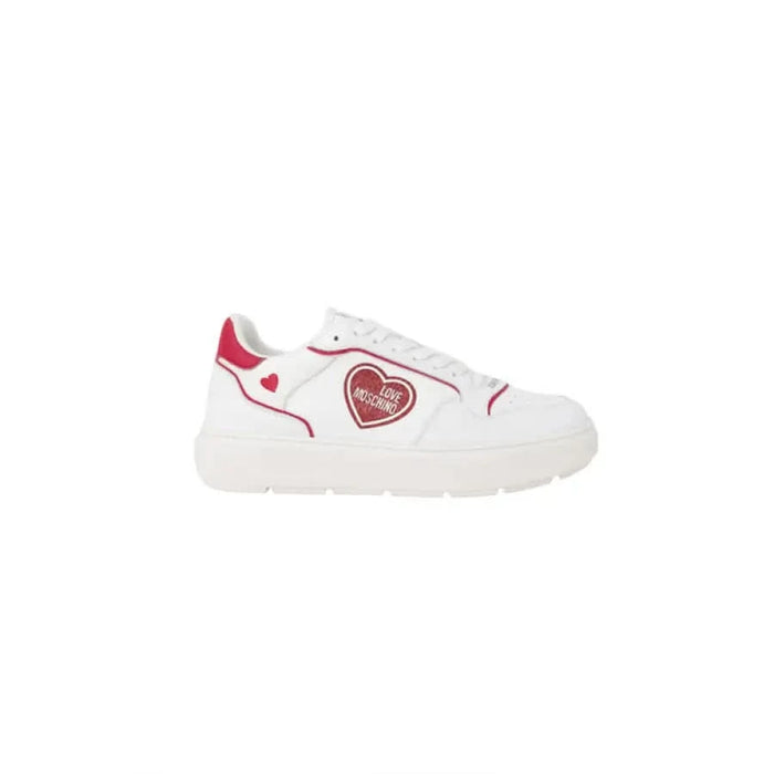 White sneaker with red heart logo, ’Love Moschino Women Sneakers’ - stylish and trendy footwear