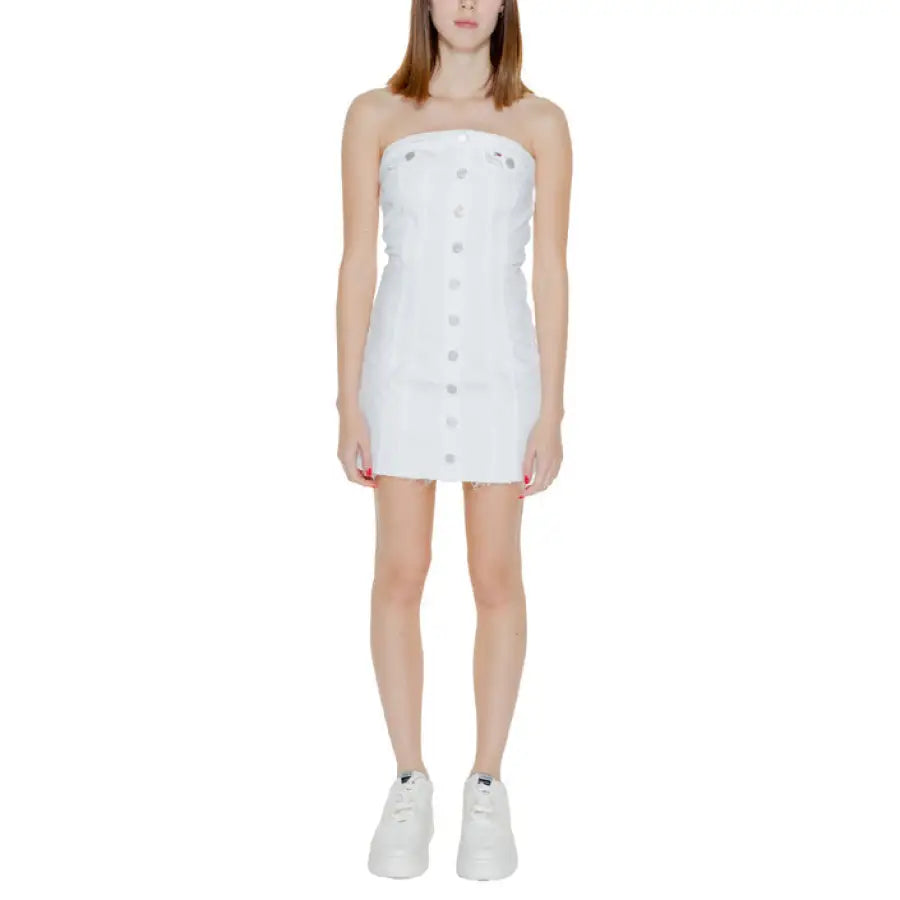 White strapless mini dress with button details from Tommy Hilfiger Jeans Women’s Collection