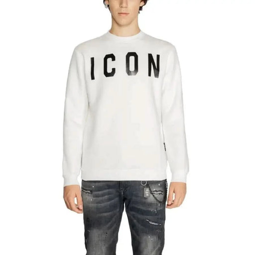 White sweatshirt featuring large black ICON lettering, part of Icon Men Sweatshirts collection