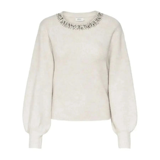 White jeweled sweater with puffy sleeves from Only Women Knitwear