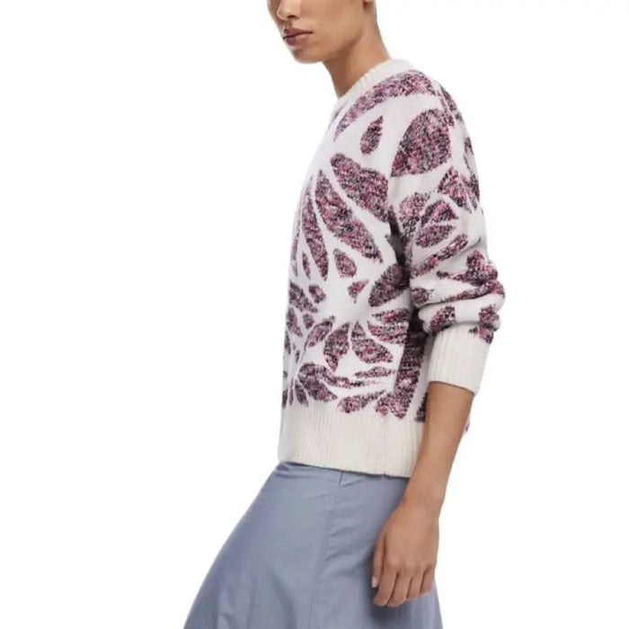 White Desigual Women Knitwear sweater featuring a purple floral and leaf pattern design