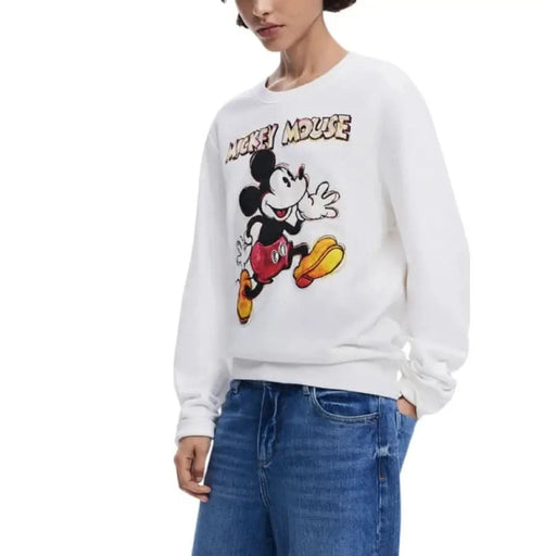 White Desigual Women’s Cotton Sweatshirt with Mickey Mouse graphic print