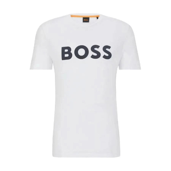 White BOSS Men T-Shirt featuring bold black printed text for a stylish look