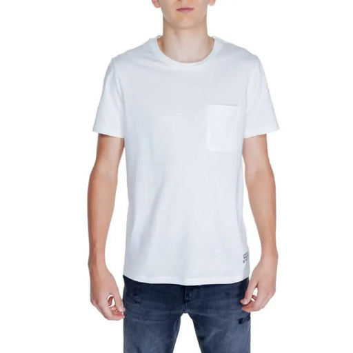 Peuterey Men T-Shirt White with Chest Pocket Worn by Person in Blue Jeans