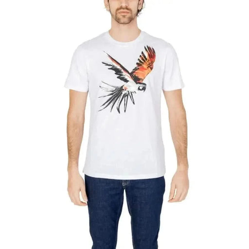 Antony Morato Men T-Shirt: White with a colorful flying parrot design on the front