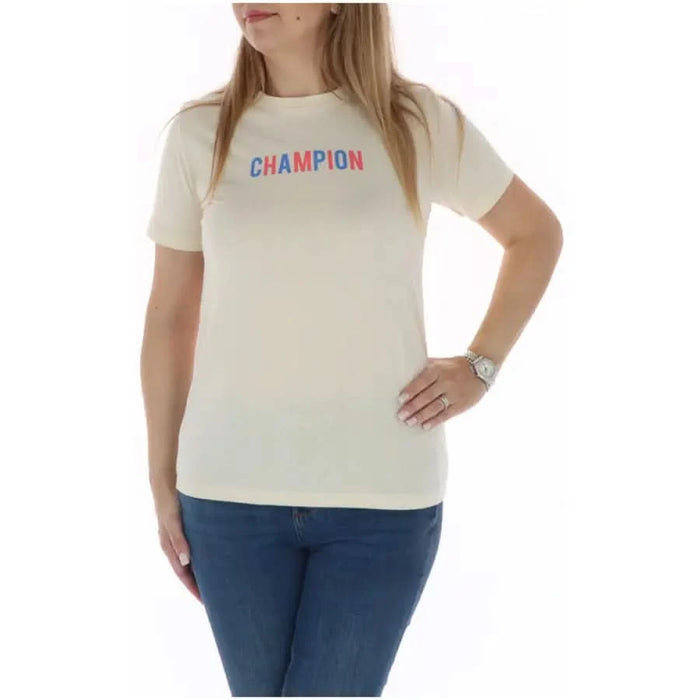 White Champion T-Shirt for Women with Colorful ’CHAMPION’ Text on Front