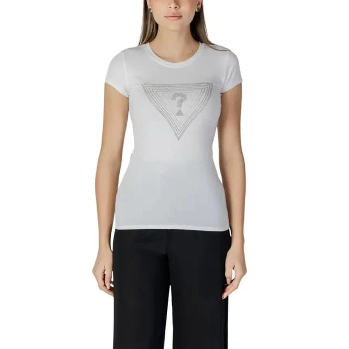 White t-shirt with geometric triangle design and question mark, Guess Women’s Black Printed T-Shirt