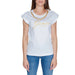 White Guess Women T-Shirt featuring gold logo and printed chain necklace design