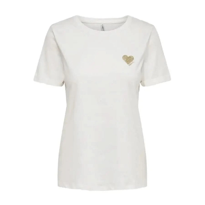 White Only Women T-Shirt featuring small gold heart emblem on chest