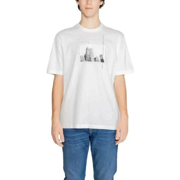 White Armani Exchange Men T-Shirt featuring a grayscale cityscape graphic for Fall Winter