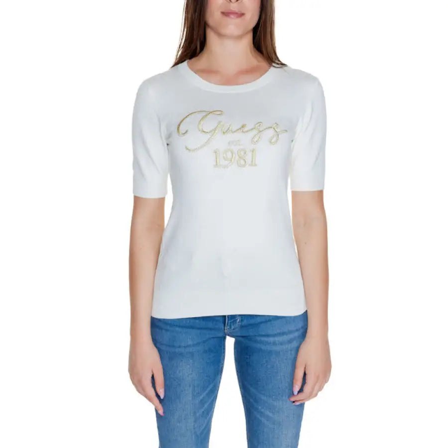 White t-shirt with ’Guess 1981’ in gold lettering from Guess - Guess Women Knitwear collection