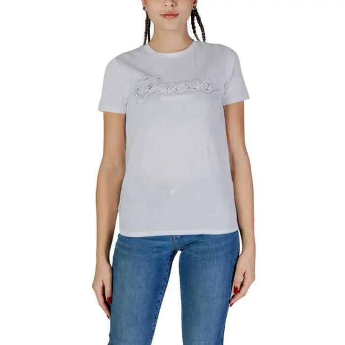 White Guess Women T-Shirt featuring a graphic text design on the front