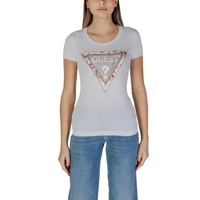 White Guess Women’s T-Shirt featuring a metallic rose gold triangle logo