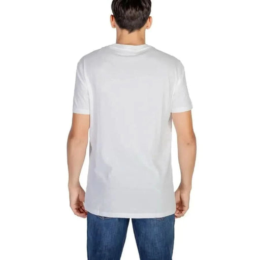 White round neck Armani Exchange men t-shirt displayed on a person in blue jeans