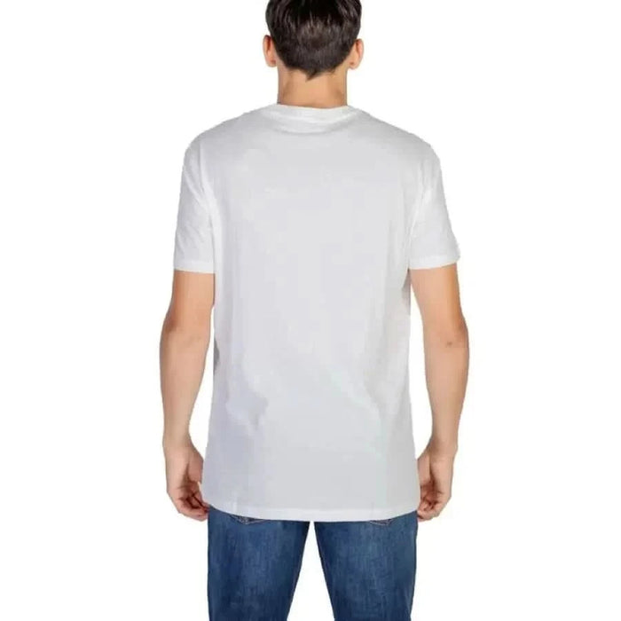 White round neck Armani Exchange men t-shirt displayed on a person in blue jeans